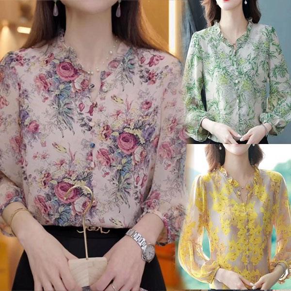 Chili เสื้อเชิ้ตแขนสามส่วนลายดอกไม้ เหมาะกับฤดูร้อน ทรงหลวม สไตล์ผู้ใหญ่ สำหรับผู้หญิง ลดอายุ#99097