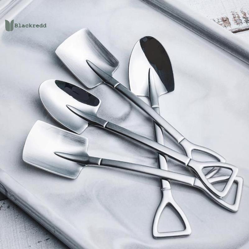 BRED 4 ชิ้น/เซ็ตสแตนเลส Retro Shovel ไอศกรีมช้อนกาแฟ Creative Tea-spoon