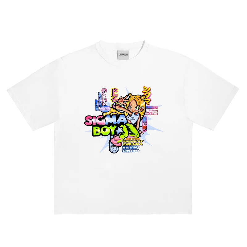 เสื้อผ้าสตรีทแวร์ผู้ชายไซส์ใหญ่ ลายการ์ตูน Sigma Boy พิมพ์ลายกราฟิก สไตล์ฮาราจูกุ เสื้อแขนสั้น ฮิปฮอ