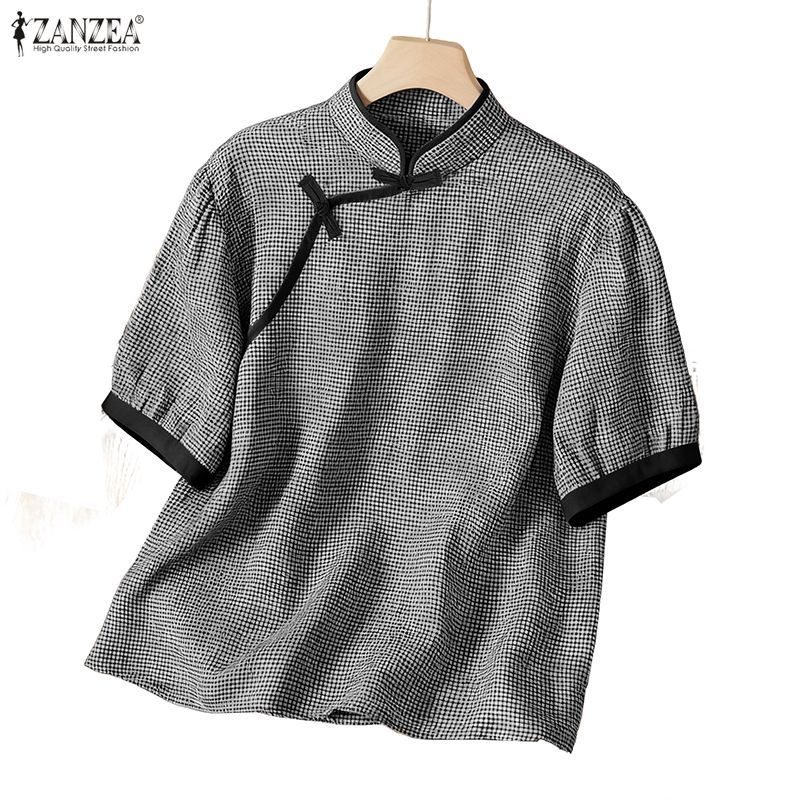 ZANZEA เสื้อยืดแขนสั้นสำหรับผู้หญิง สไตล์เกาหลี ลายตาราง