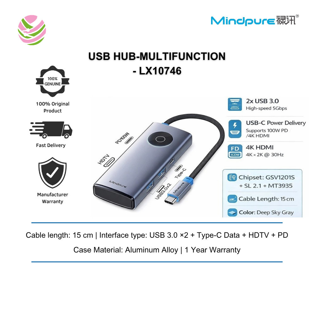 MINDPURE USB HUB-MULTIFUNCTION (HU015)-Type-C to USB3.0*2+Type-C Data+HDTV+PD 5-in-1 - LX10746