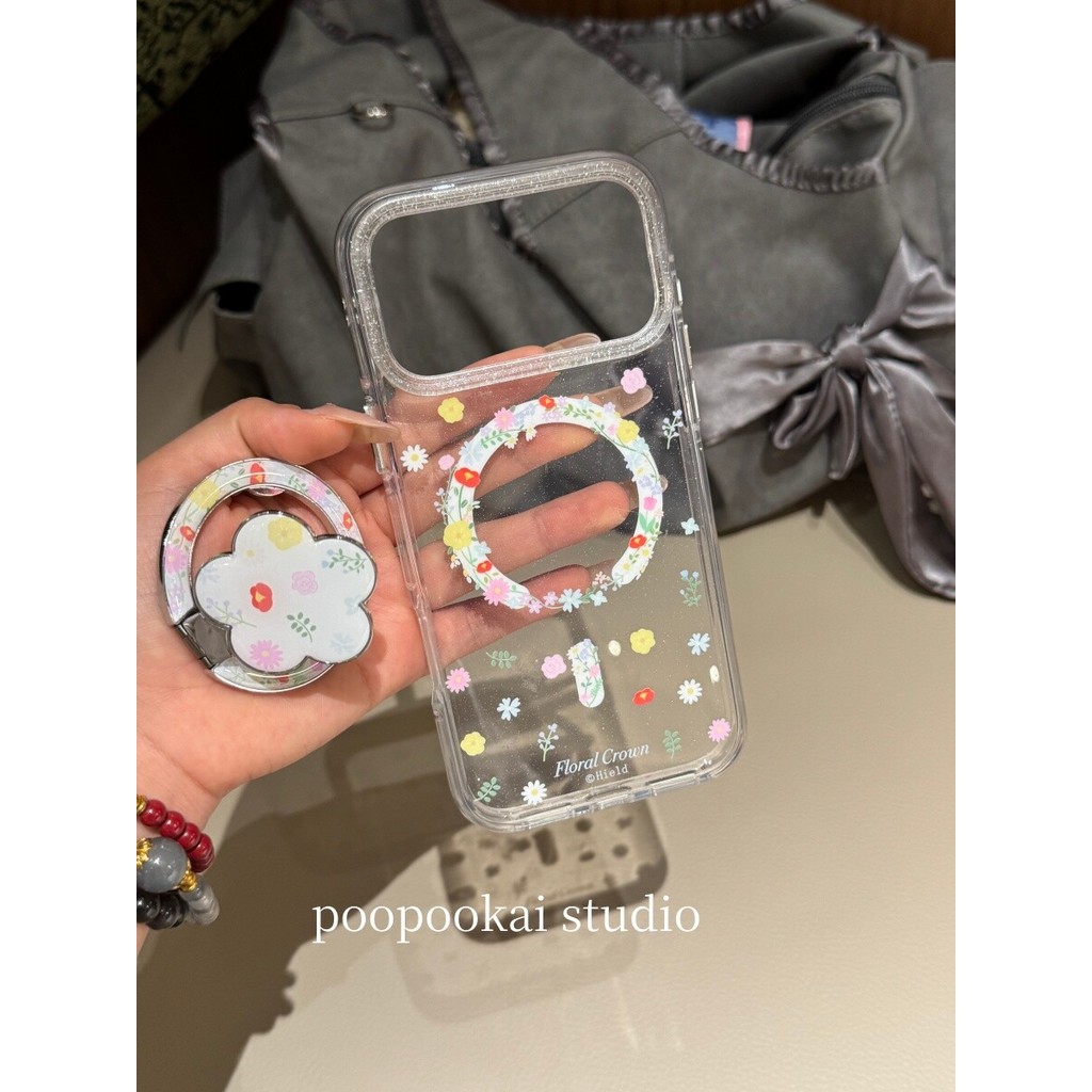 เคสแม่เหล็กเกาหลี Ins Fresh Spring Aesthetic รูปแบบดอกไม้โปร่งใสพร้อมแหวนชาร์จแม่เหล็กรองรับสําหรับ iPhone 17 Pro Max 16 Pro 15 14 Pro – โปรปัง