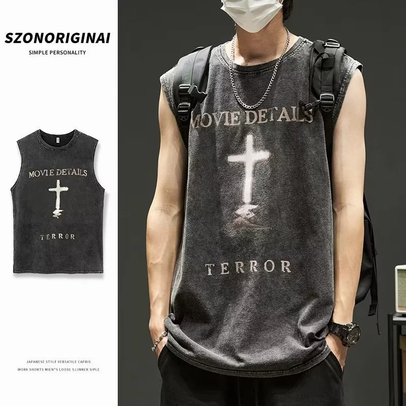 [ส่งไวจากไทย] วินเทจอเมริกัน สูง ถนน ผู้ชายสีดําพิมพ์เสื้อกล้ามระบายอากาศ สตรีทแวร์ สําหรับวัยรุ่น