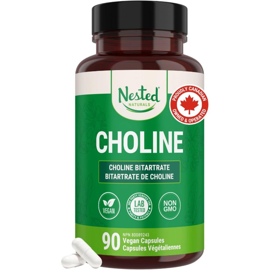Nested Naturals Choline Bitartrate 500mg ต่อ แคปซูล | เพิ่มระดับโคลีน | มังสวิรัติ 100% และไม่มี GMΟ