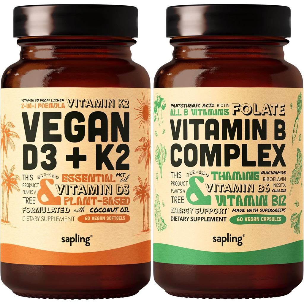Sapling Vegan Vitamin D3 + K2 & Vitamin B Complex Bundle - 4000 IU วิตามิน D3 และ 100mcg วิตามิน K2 