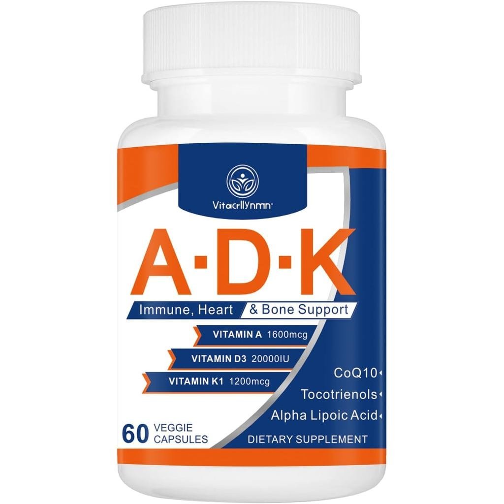 ADK วิตามินอาหารเสริม 20000 IU - วิตามิน A, D3 และ K1 สําหรับหัวใจ สุขภาพกระดูก และเสริมภูมิคุ้มกัน 