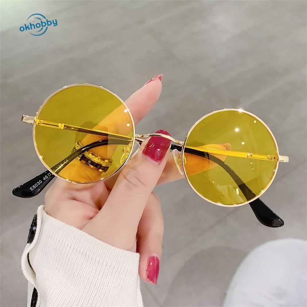 okhobby Hippie Circle Sun Glasses, แว่นกันแดดทรงกลมขนาดเล็กโลหะสีสันสดใส, โพลาไรซ์วินเทจ UV400 Prote
