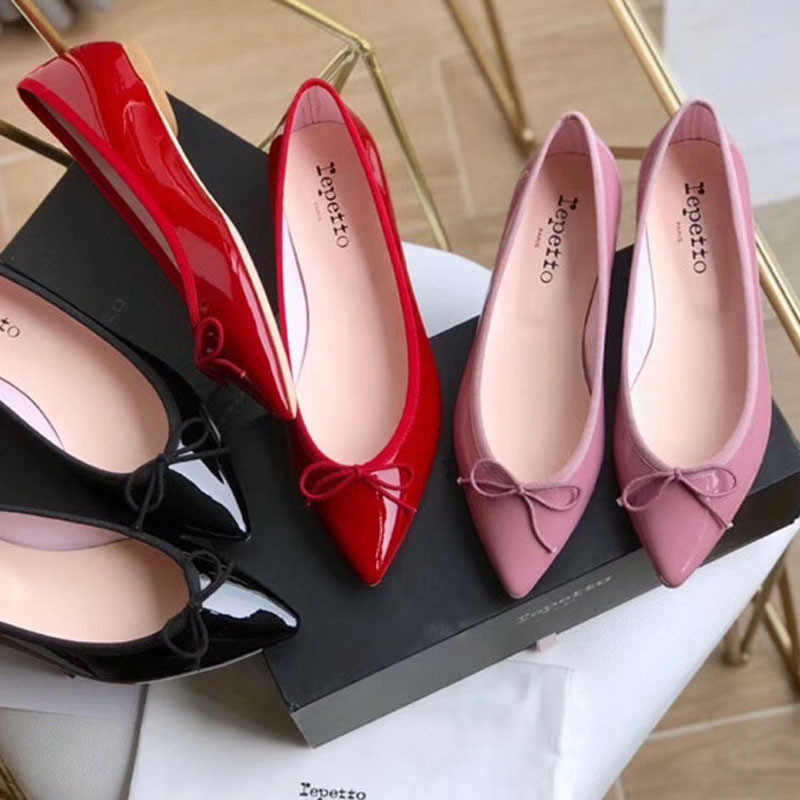 SKXM Repetto＆ Low-heeled pointed-toe shoes with bow, sheepskin shallow-cut ballet patent leather red