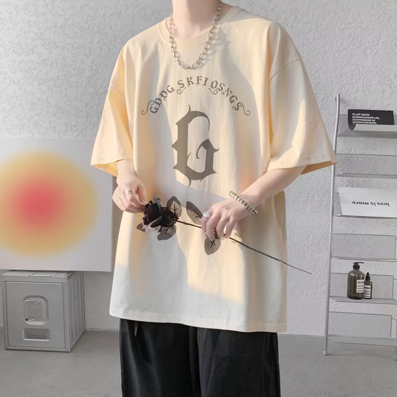 20262025ผ้าฝ้ายแท้อินเทรนด์อเมริกันผู้ชายหลวมเกาหลีเสื้อ Bottoming ตัวอักษรรอบคอพิมพ์ Big T แขนสั้น 