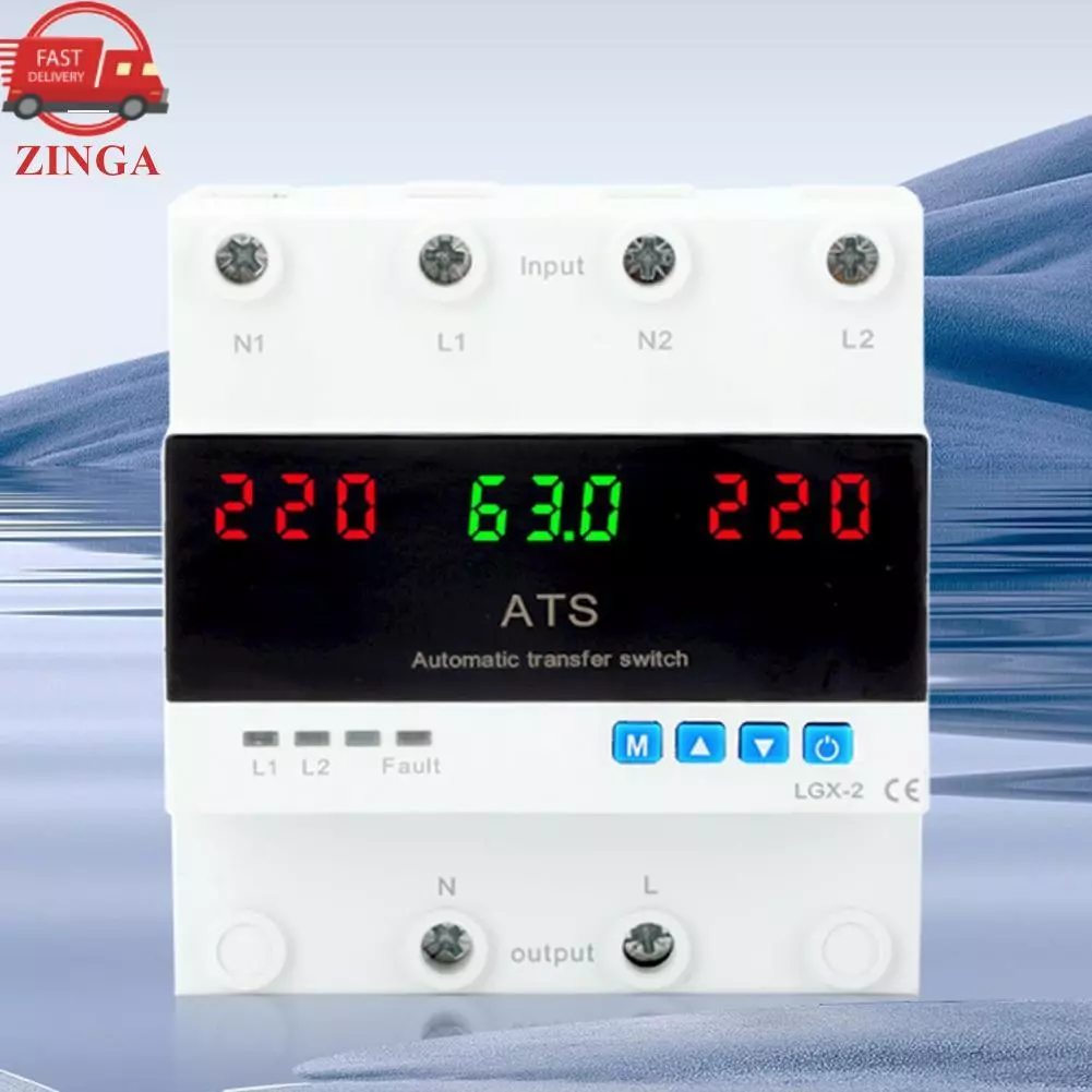 Zinga WALFRONT Dual Power Selector พร้อมจอแสดงผล LED สวิตช์ถ่ายโอนด้วยตนเองอัตโนมัติ 63A ติดตั้งราง DIN การป้องกันกระแสไฟเกินและแรงดันไฟฟ้าสำหรับการสำรองข้อมูลการตรวจสอบแบบเรียลไทม์