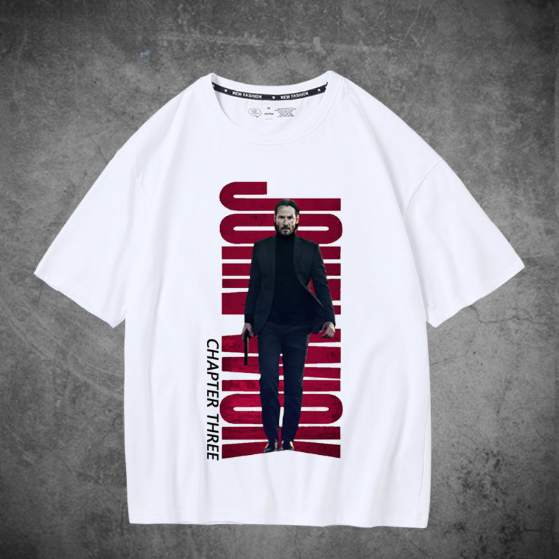 เสื้อยืดแขนสั้นสีขาว Quick Chase American John Wick Keanu Reeves ลายพิมพ์สวยงามจากภาพยนตร์