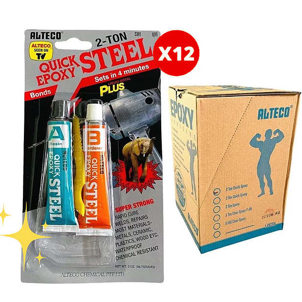 (ขายยกกล่อง 1 โหล) ALTECO กาวติดเหล็กอีพ็อกซี่ 2-TON Quick Epoxy หลอดใหญ่ 56.7g สูตรแห้งไว 4 นาที ของแท้100%