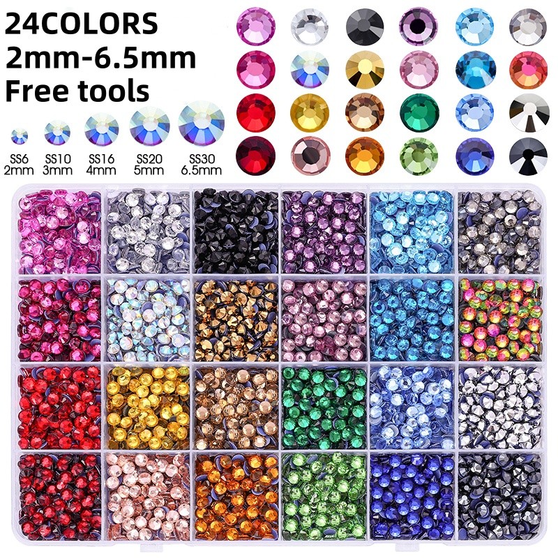 Hotfix Rhinestones ชุดรวม 24 สี สำหรับงานหัตถกรรมและตกแต่งเสื้อผ้า พร้อมเครื่องมือ 3 ชิ้น