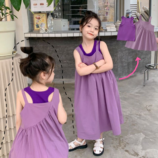 พร้อมส่ง💕เสื้อผ้าเด็กผู้หญิง ชุดเดรสเสื้อกล้ามสีม่วงแฟชั่นสไ…