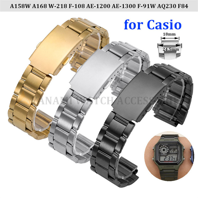 สายนาฬิกาสแตนเลส 18 มม.สําหรับ Casio A158W A168 W-218 F-108 AE-1300 AE-1200 เปลี่ยนนาฬิกาผู้ชายผู้หญิงกีฬาสร้อยข้อมือโลหะ