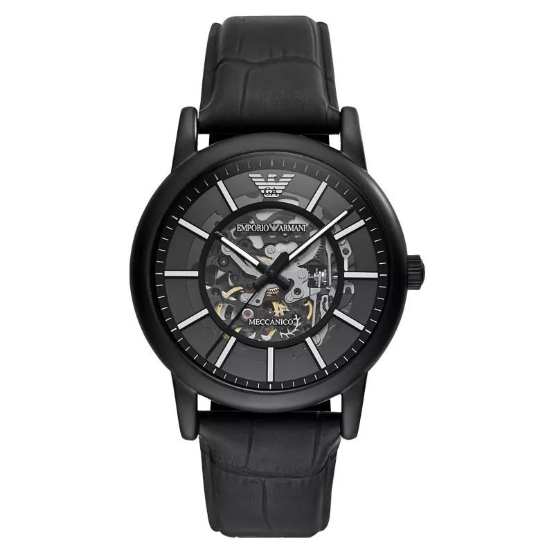 Armani (Emporio Armani) นาฬิกาซามูไรสีดํานาฬิกากลไกสายหนังอัตโนมัติกลวงยุโรปอเมริกันนาฬิกาผู้ชาย AR6