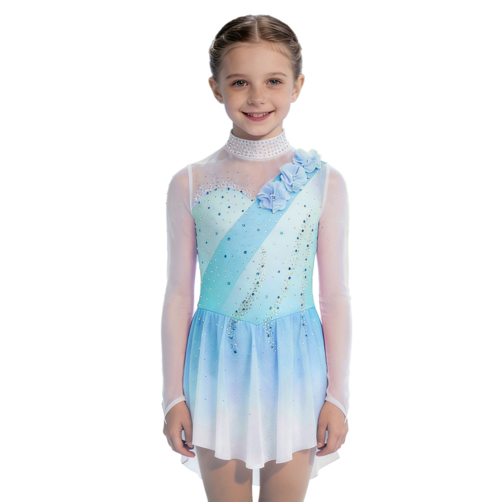 Yeahdor เด็กสาวรูปสเก็ตเครื่องแต่งกายจําลองคอ Cutout กลับ Sheer ตาข่าย Patchwork แขนยาว 3D ดอกไม้ Rhinestones Gradient สีเต้นรําชุด ราคา ถูกที่สุด ดีลบีเคเค แกลเลอรีภาพที่ 9