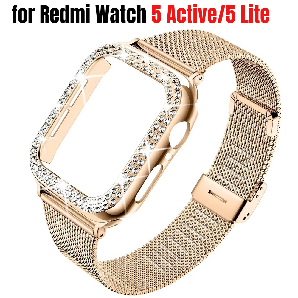 เคสเพชร + สายโลหะสําหรับ Xiaomi Redmi Watch 5 Active/5 Lite สร้อยข้อมือสแตนเลสสําหรับ Redmi Watch 6/5/4 พร้อมเคสป้องกัน