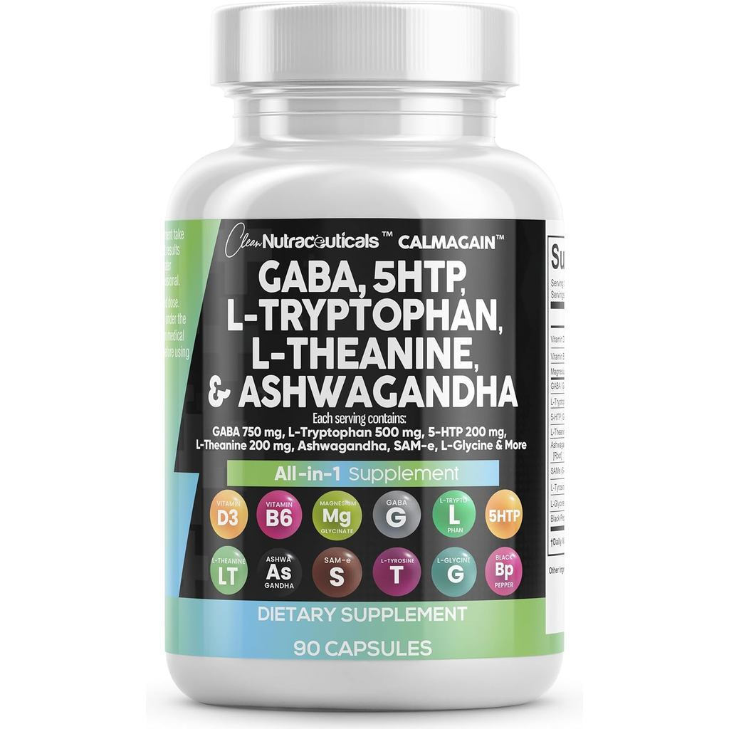 Clean Nutraceuticals GABA 750mg 5 HTP 200mg L Tryptophan 500mg L Theanine 200mg Ashwagandha SAM-e L-