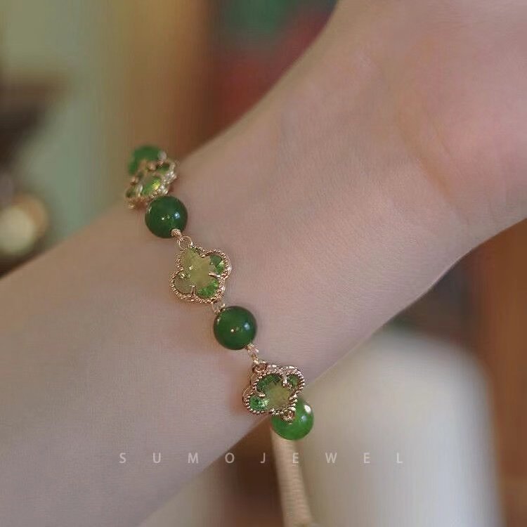 coquette bracelet สร้อยข้อมือ Four-leaf Clover Natural Crystal Female Niche Design Jasper