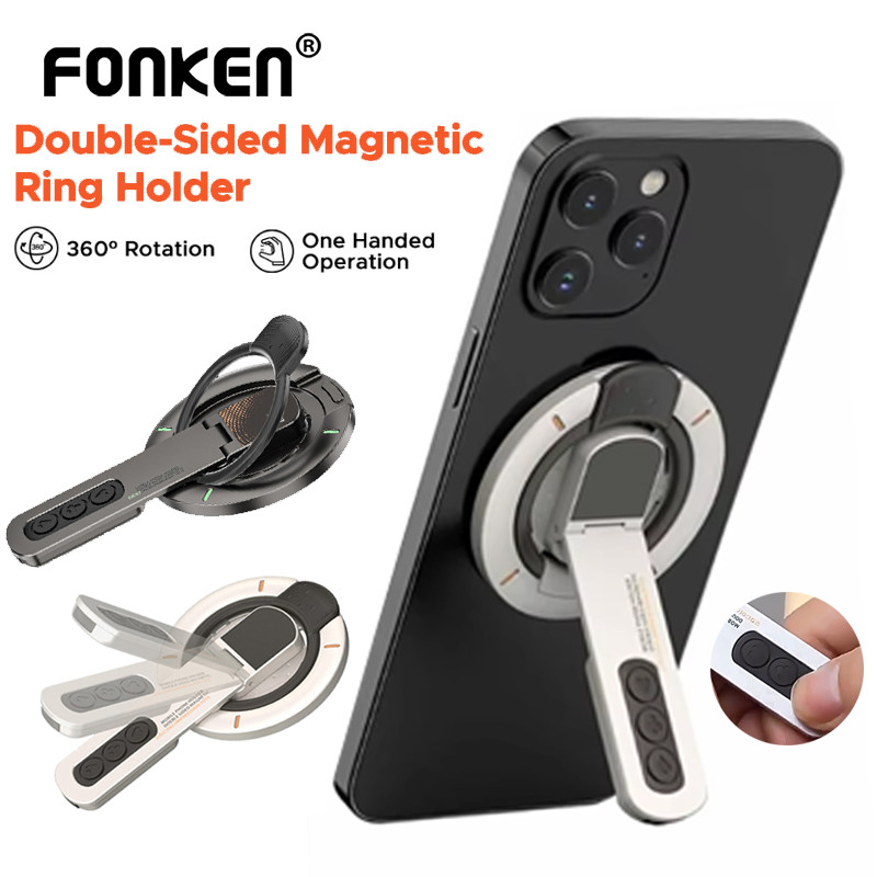 FONKEN ประกายไฟ ที่วางโทรศัพท์วงแหวนแม่เหล็กสองด้าน 360° หมุนพร้อมปุ่มบีบอัด ขาตั้งจับโทรศัพท์ Mgsafe