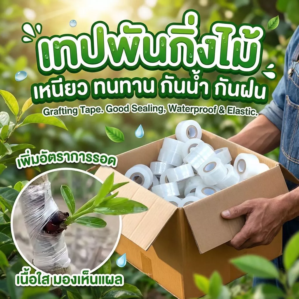 เทปพันกิ่งไม้ กันน้ำ-กันเชื้อรา ฟิล์ม PE แนบสนิท รักษาความชื้นเยี่ยม เพิ่มโอกาสรอดสูง หน้ากว้าง 3, 4, 5, 6 ซม.