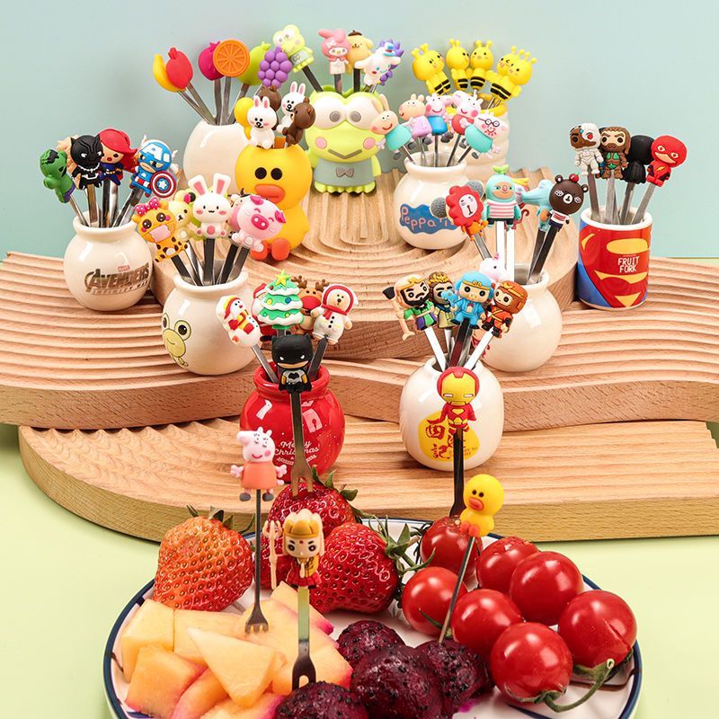 New Product#Creative Cartoon Fruit Forks Household Stainless Steel Storage Jar Set Children's Safe C