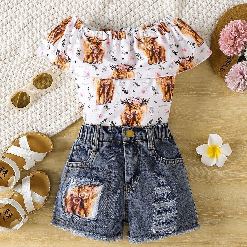 Baby Girl叶 Edge Cow Print Top Denim Shorts สองชิ้นชุดฤดูร้อนชุดแฟชั่น