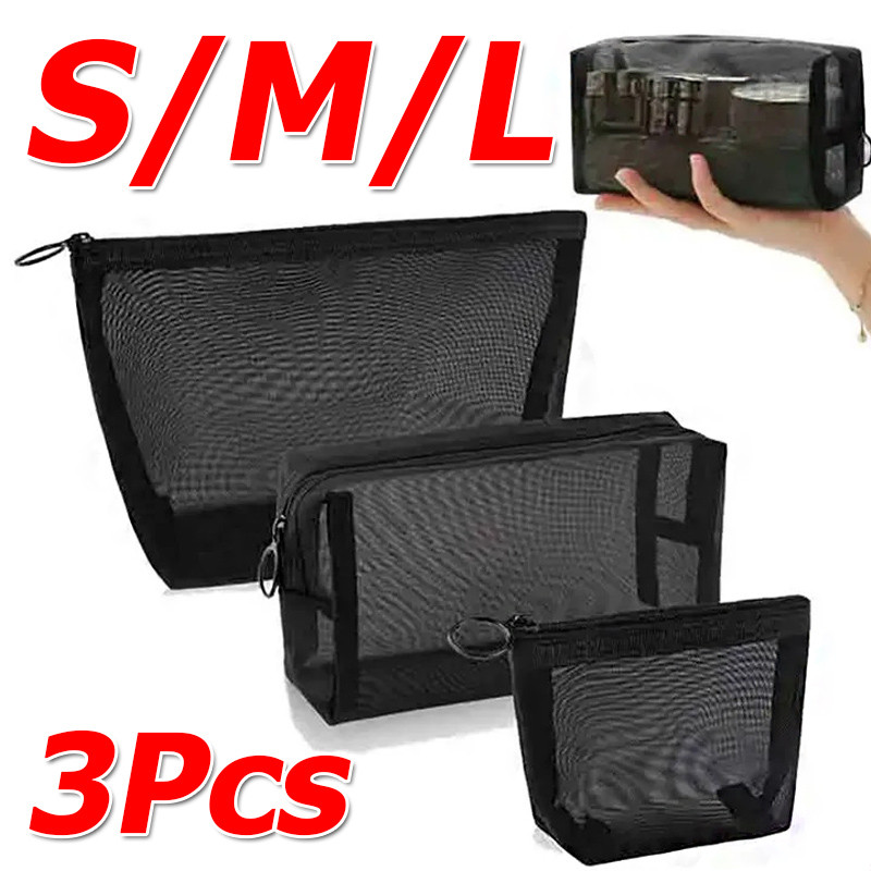 กระเป๋าเครื่องสําอางใสตาข่าย 1/2/3 ชิ้น / ที่เก็บแป้งเดินทางแบบพกพา / กระเป๋าเก็บสายเคเบิลข้อมูล