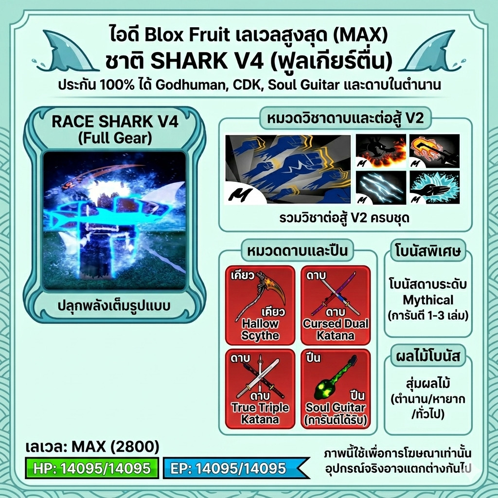 ไอดีไก่ตัน Blox Fruits เผ่าฉลาม V4 ตื่นครบ | การันตี CDK + ผลสุ่มระดับ Mythical การ์ดเกม⚡️