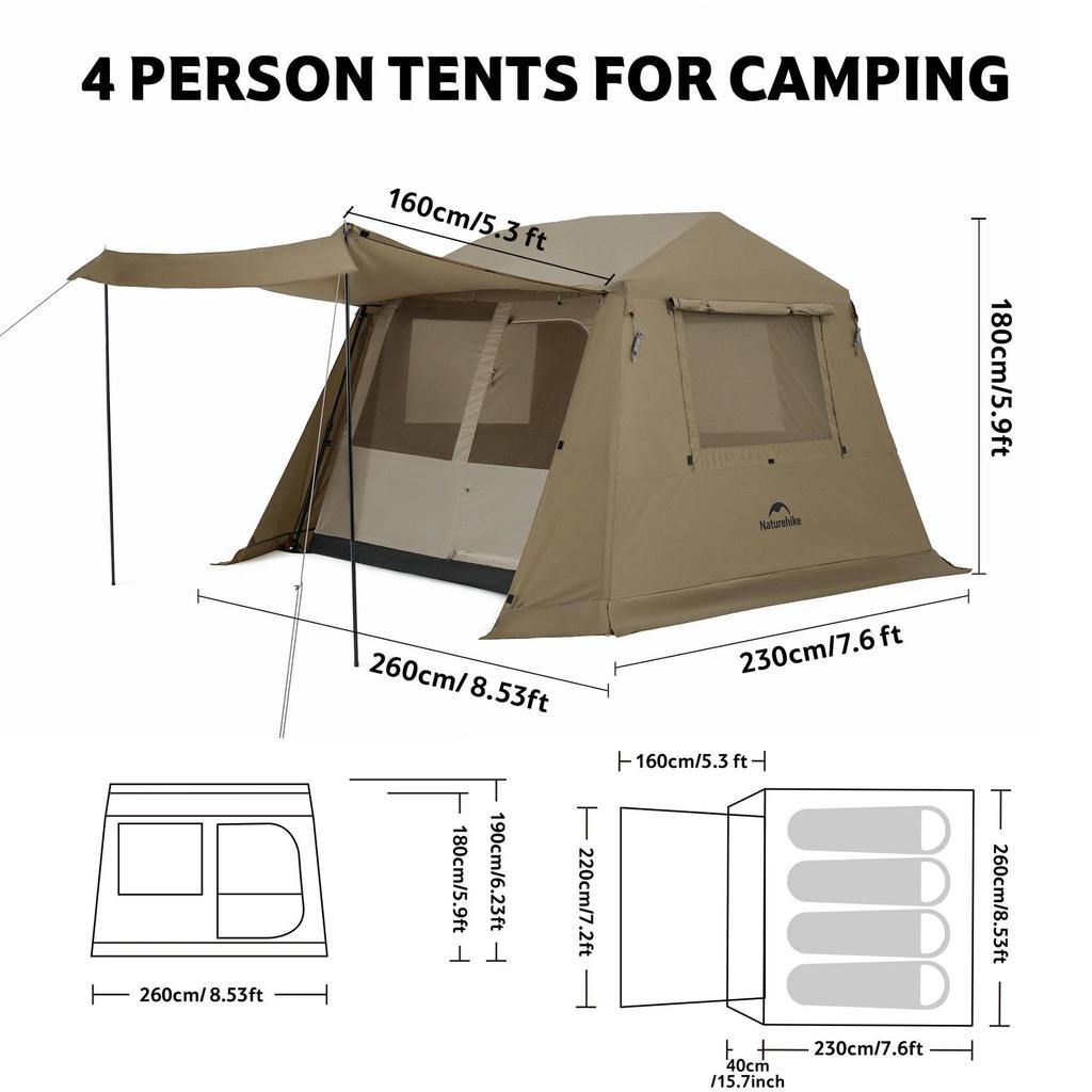 Naturehike เต็นท์แคมป์ปิ้ง Village 6.0 Lite 2-4 คน เต็นท์เปิดเร็วแบบกลางแจ้ง CNK2550WS042