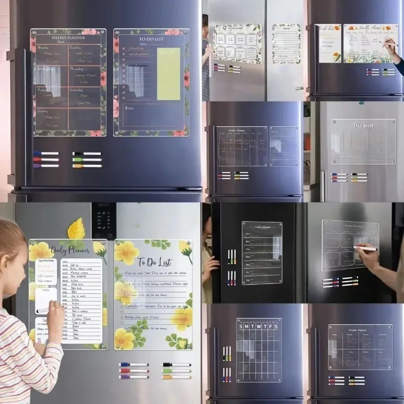 (ผู้ขาย SG) ดอกไม้ Magnetic Acrylic Planner สําหรับตู้เย็น Weekly Schedule To Do List Clear Board ตู