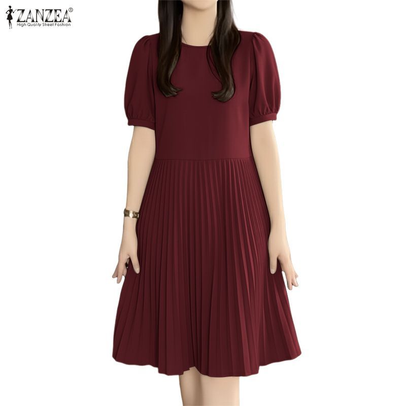 ZANZEA ชุดแขนยาวคอกลมสไตล์เกาหลี ดีไซน์ A-Line กับริบบิ้นทอสำหรับผู้หญิง