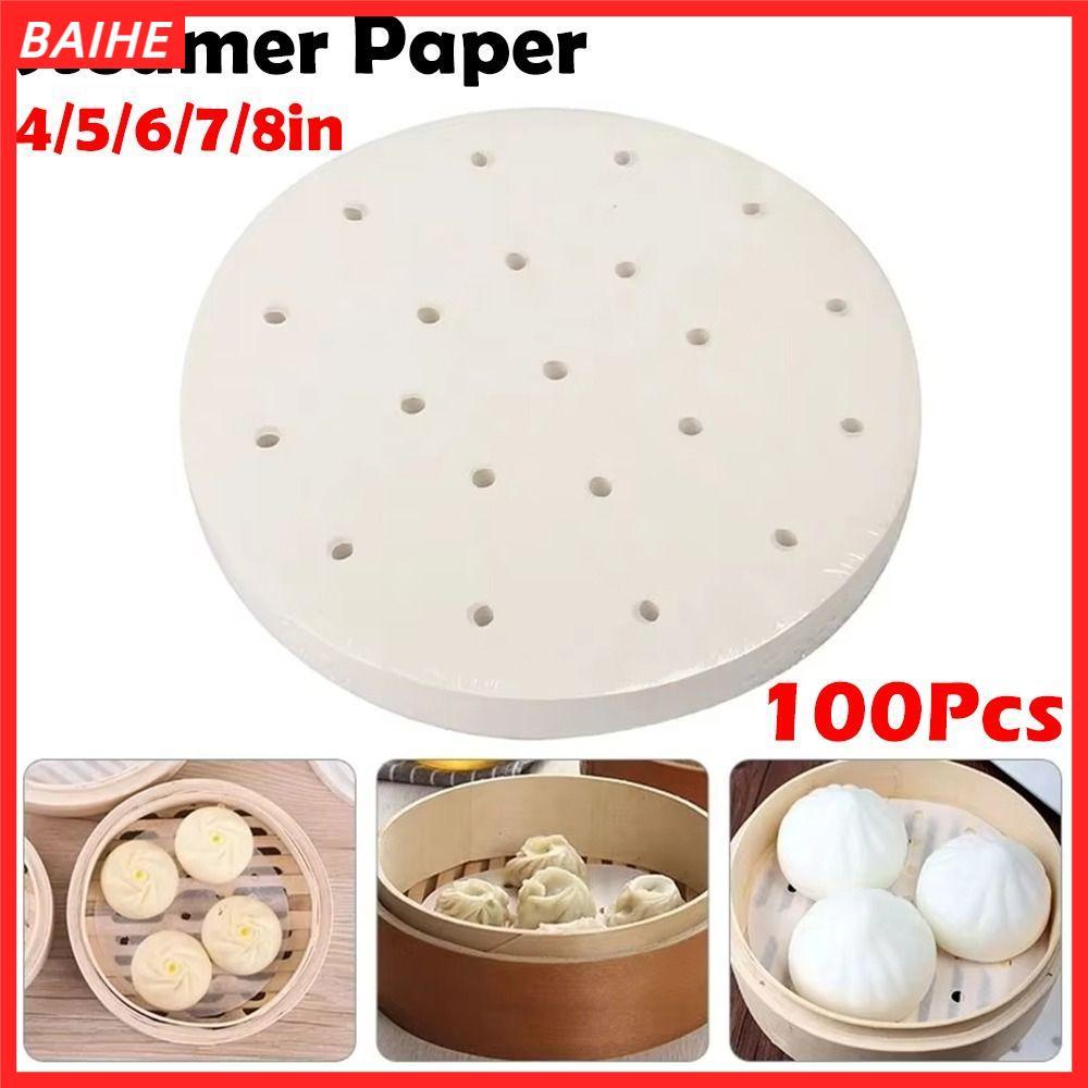 BAIHE 100 ชิ้น Steamer กระดาษ, รอบ 4/5/6/7/8in Buns ขนมอบกระดาษไม่ติด, ทิ้ง Buns Pad กระดาษครัวทําอา