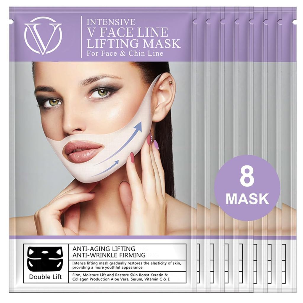 V Line Lifting Mask Collagen for face 8 ชิ้น, Chin Mask Strap สําหรับใบหน้าและ Jawline, ปรับปรุง Dou