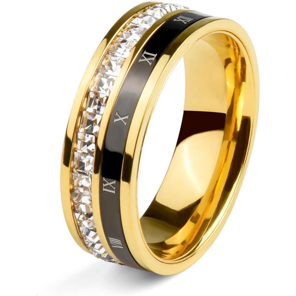 แหวนโรแมนติกด้วยตัวเลขโรมัน เคลือบทอง 18K เพชรคิวบิกไซ่งอน พร้อมแหวนสปินเนอร์สเตนเลส สีเงิน ขนาด 5-1