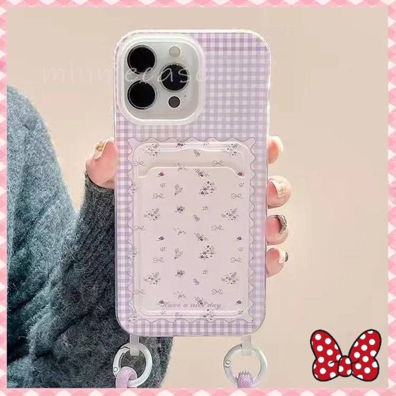 💜MINNIE💜โรแมนติกสีม่วงสดผู้ถือบัตรสายคล้องเคสเข้ากันได้กับ เคสไอโฟน 11 12 13 15 14 Pro Max XS XR X Max 7 15 8 14 Plus SE