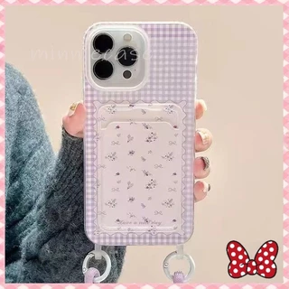 💜MINNIE💜โรแมนติกสีม่วงสดผู้ถือบัตรสายคล้องเคสเข้ากันได้กับ เคสไอโฟน 11 12 13 15 14 Pro Max XS XR X Max 7 15 8 14 Plus SE