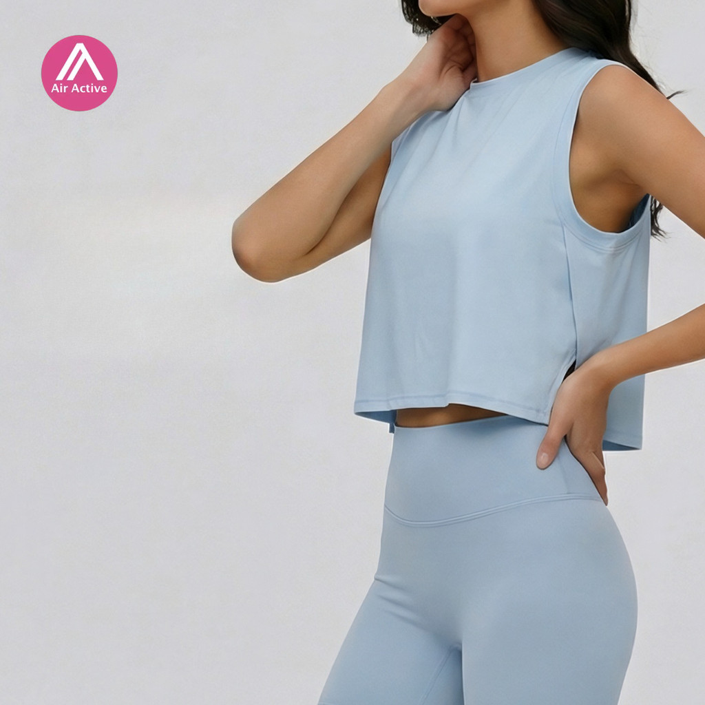 AirActive เสื้อกีฬาสำหรับผู้หญิง เสื้อยืดโยคะ คอกรีดด้านข้าง สวมใส่สบาย สไตล์สลิมฟิต