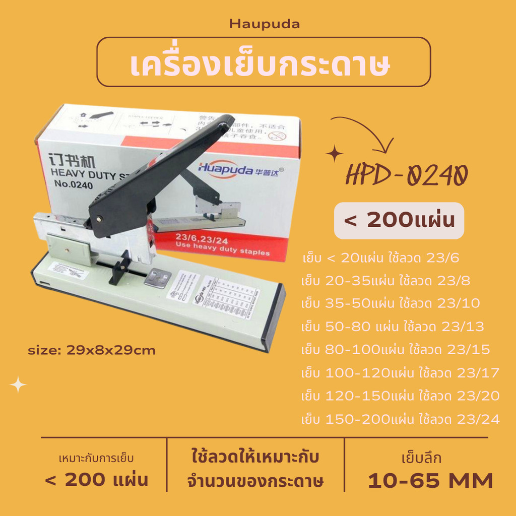 HPD 0240 เครื่องเย็บเข้าเล่ม 200แผ่น ใช้กับลวด 23/6-23/24 เย็บ2แบบ Huapuda Heavy Duty Stapler 210sheet(80g) พร้อมส่ง