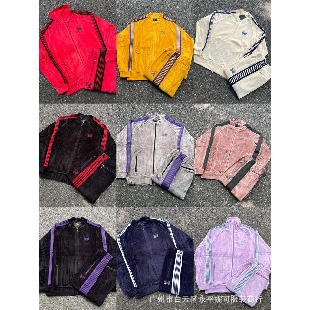 AQLC Needles Track suits Butterfly velvet cardigan, vintage ribbon zipper jacket, long pants sports 