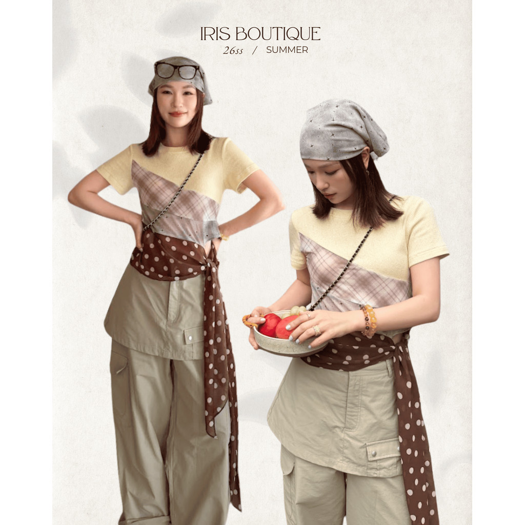 Original Design IRIS BOUTIQUE Summer2 ISYT51Butter Plaid Scarf Teeเสื้อยืดสีบัตเตอร์แต่งต่อผ้าลายตารางผูกผ้าคาดเอวลายจุด