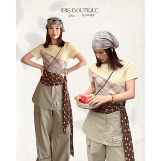 พร้อมส่งOriginal Design IRIS BOUTIQUE Summer2 ISYT51Butter Plaid Scarf Teeเสื้อยืดสีบัตเตอร์แต่งต่อผ้าลายตารางผูก