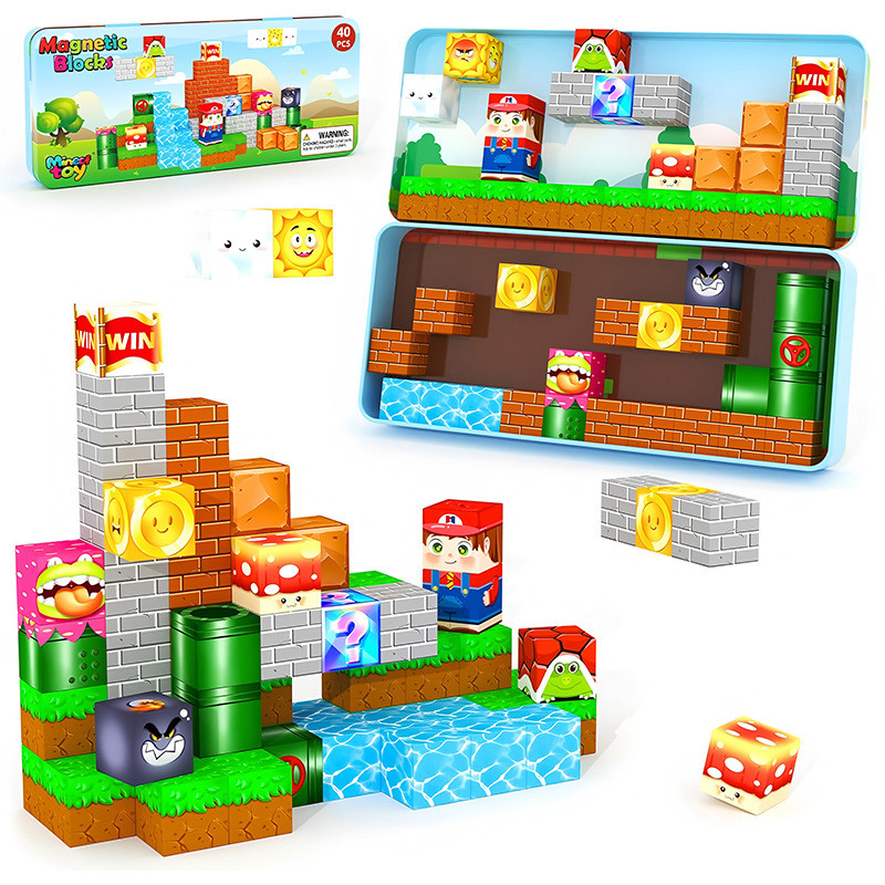 Mario Magnetic Building Blocks กล่องดีบุกแบบพกพา Building Blocks Minecraft Building Blocks เด็ก