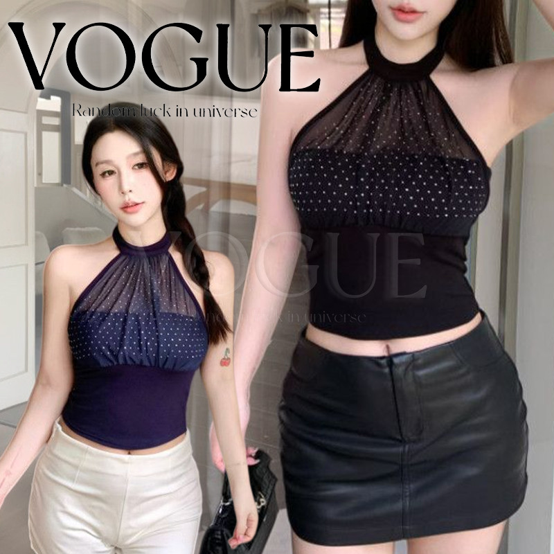 Vogue🌟พร้อมส่ง🌟 เสื้อคล้องคอผ้าซีทรูติดเพชร เซ็กซี่สวยหรู มีฟองน้ำในตัว (FY2950)