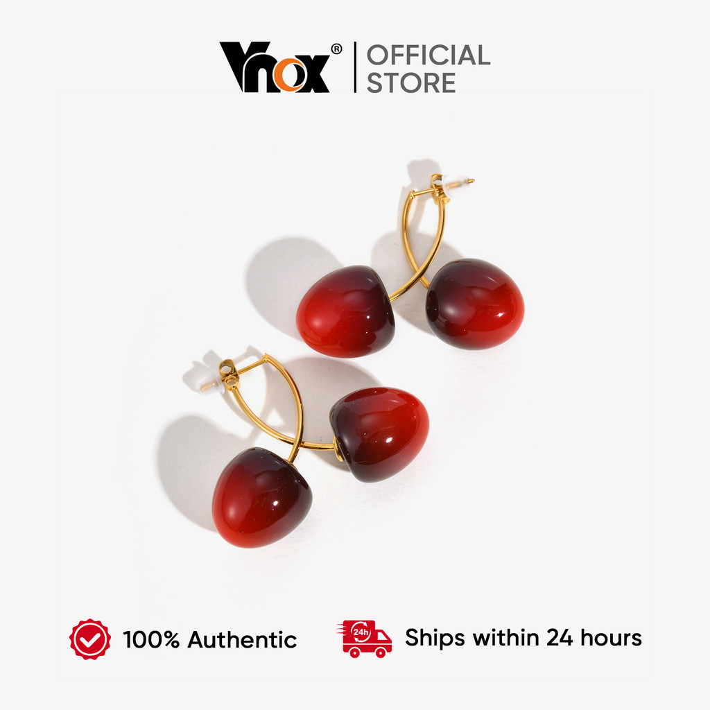 Vnox Gold Red Cherry Drop ต่างหูสำหรับผู้หญิง น่ารักเรซิ่น Cherry Ball ที่ไม่ซีดจาง