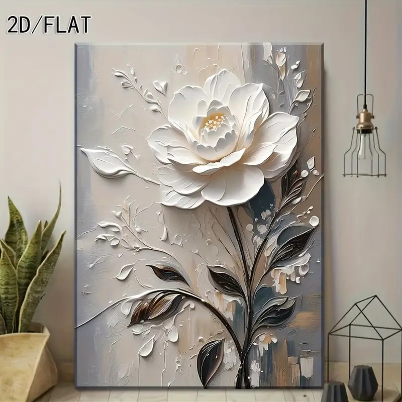 2D Flat, 1pc Modern Floral Framed Canvas Wall Art - Elegant White Flowers & Beige Background Paintin