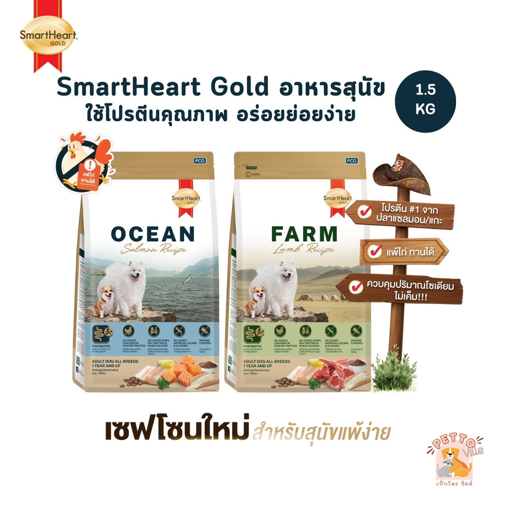 SmartHeart Gold สมาร์ทฮาร์ท โกลด์ อาหารสุนัข ใช้โปรตีนคุณภาพ อร่อยย่อยง่าย ขนาด 1.5 Kg