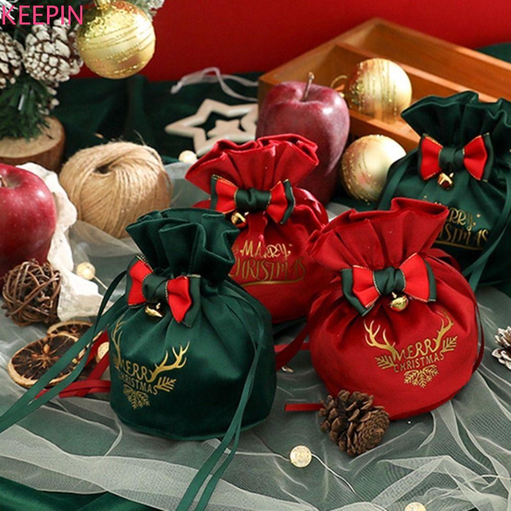 KEEPIN กระเป๋าของขวัญคริสต์มาส, Flannelette with Small Bell Christmas Cloth Bag, Santa Velvet Red Bo