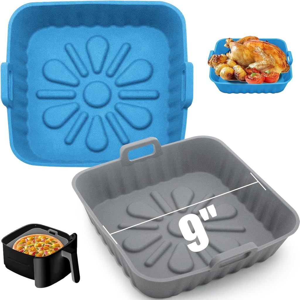 9 นิ้วซิลิโคนขนาดใหญ่ Air Fryer ตะกร้า Square liners- 2 ชิ้นนํากลับมาใช้ใหม่ Air Fryer หม้อซิลิโคนเก